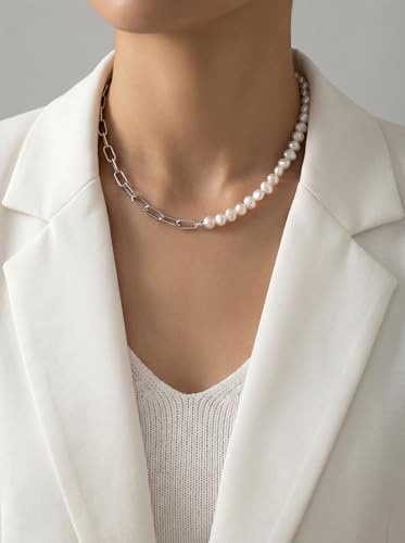 Pearl Necklace for Women Paperclip Chain Chunky Gold Necklace, Freshwater Cultured Pearls Trendy Link Chain 18K Gold Plated Dainty Pearl Choker - color: Silver pearl paperclip necklace