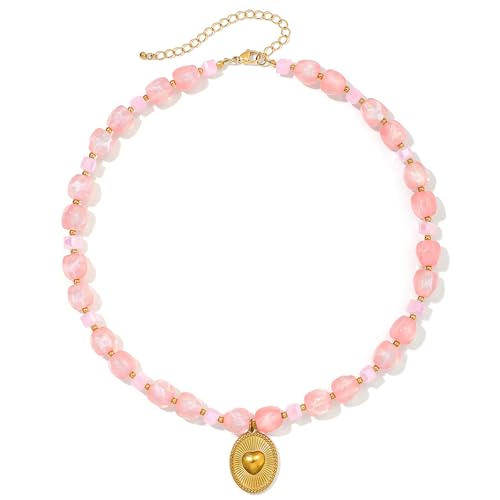 Chunky Beaded Necklaces for Women Trendy Colorful Acrylic Bead Statement Necklace Puffy Heart Pendent Necklaces for Women Boho Fashion Jewelry - color: K-pink