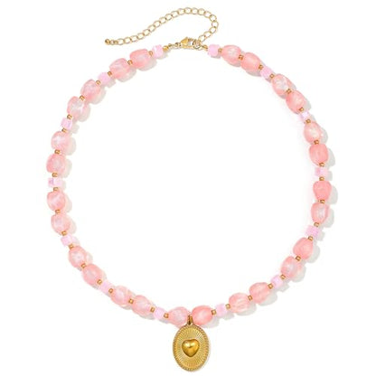 Chunky Beaded Necklaces for Women Trendy Colorful Acrylic Bead Statement Necklace Puffy Heart Pendent Necklaces for Women Boho Fashion Jewelry - color: K-pink