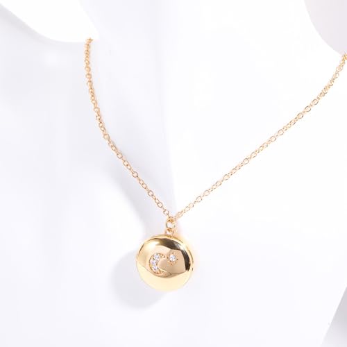 Locket Necklace for Women, Vintage Dainty Gold Heart Oval Butterfly Star Moon Engraved Picture Photo Lockets Pendant Necklaces Memorial Necklace Personalized Jewelry Valentine Gifts - style: Star Moon Round