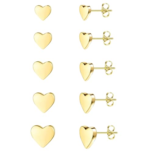 JINERA 5 Pairs Stud Earrings for Women 14K Plated Gold/Silver Pearl Ball Small Stud Earrings Set Cartilage Piercing Hypoallergenic Lightweight Flatback Earrings Jewelry Gifts for Women - color: 5 Pairs Heart Stud Earrings - Gold