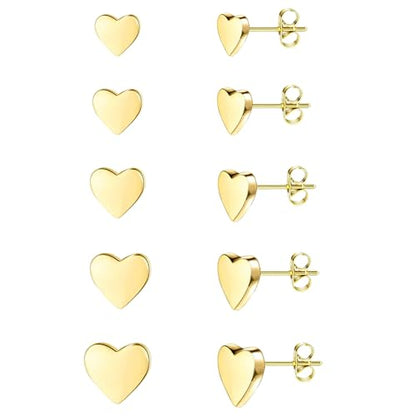 JINERA 5 Pairs Stud Earrings for Women 14K Plated Gold/Silver Pearl Ball Small Stud Earrings Set Cartilage Piercing Hypoallergenic Lightweight Flatback Earrings Jewelry Gifts for Women - color: 5 Pairs Heart Stud Earrings - Gold