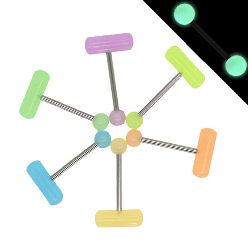 6pc GLOW IN THE DARK 14G Tongue Bar UV Acrylic Ball Capsule Multi Color Steel Bar Barbell Ring Piercing Jewelry - color: Capsule Type