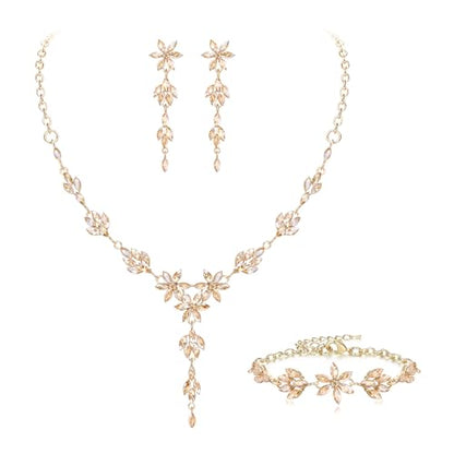 EVER FAITH Crystal Flower Wedding Prom Jewelry Set for Bride Bridesmaid | Rhinestone Costume Party Y-Shaped Necklace Dangle Earrings Bracelet, for Women - color: Champagne Gold-Tone