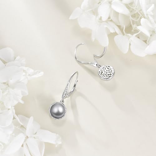 925 Sterling Silver 8mm Pearl Dangle Drop Earrings Moonstone Larimar Opal Rose Quartz Black Pearl Leverback Earrings for Women Christmas Gifts for Her - style: Black Pearl Earrings A