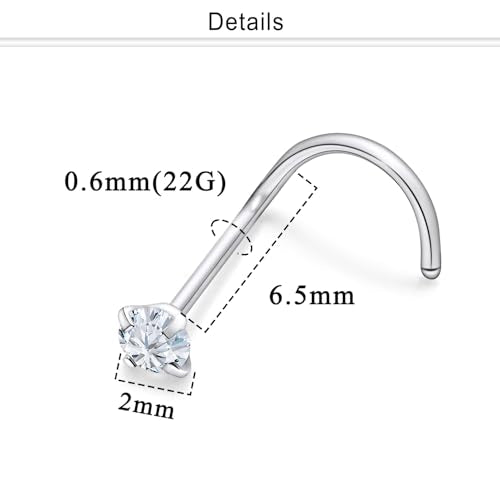 Nose Studs Surgical Steel Nose Rings Studs with Cubic Zirconia 10Pcs Tiny Nostril Rings for Women Screw Bone and L-Shaped Nostril Piercing Jewelry 24G 22G 20G 18G - color: silvertone,screw nose studs, size: 22g,2.0mm Clear CZ