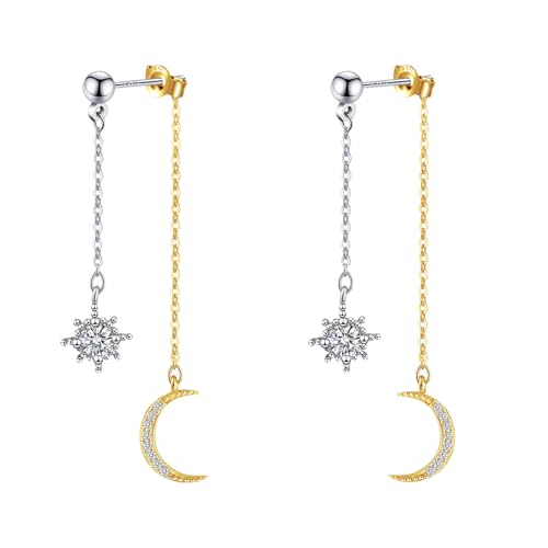 Moon and Star Dangle Earrings | Chain Tassel with Cubic Zirconia Drop Front and Back Earrings Celestial Jewelry for Wedding Gift - color: Silver and Gold