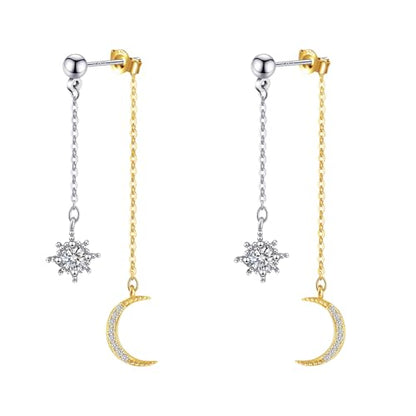 Moon and Star Dangle Earrings | Chain Tassel with Cubic Zirconia Drop Front and Back Earrings Celestial Jewelry for Wedding Gift - color: Silver and Gold