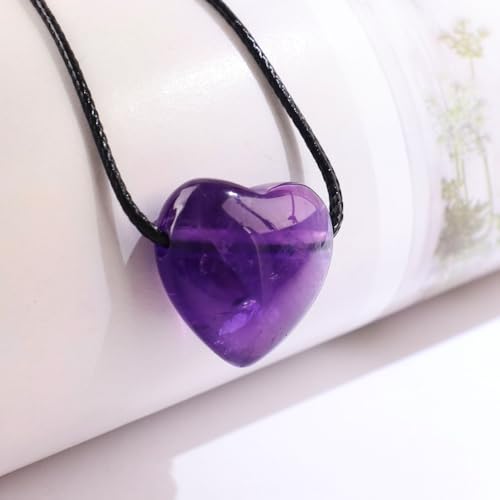 weryerker Natural Gemstone Heart Pendant Necklace Healing Crystal Heart Charm Necklace Adjustable Waxed Black Rope for Women - color: Amethyst