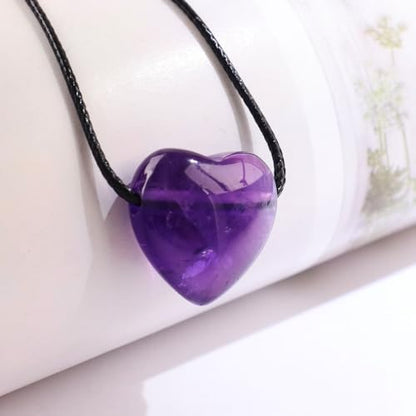 weryerker Natural Gemstone Heart Pendant Necklace Healing Crystal Heart Charm Necklace Adjustable Waxed Black Rope for Women - color: Amethyst