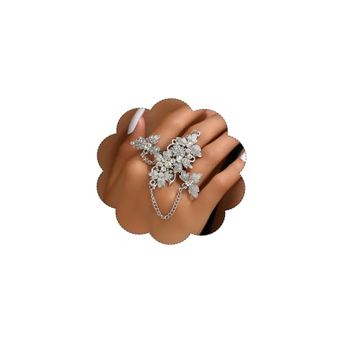 Rhinestone Finger Ring for Women Sparkly Crystal Butterfly Flower Leaf Adjustable Statement Chain Rings Punk Jewelry - color: silver flower
