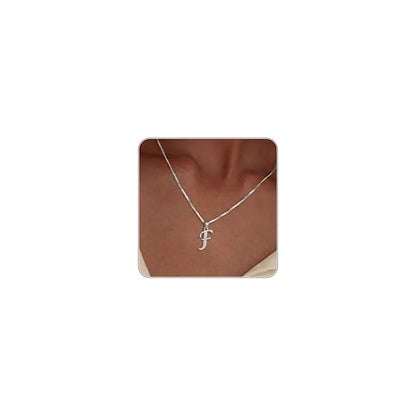 Initial Necklace for Women, 14K Gold Silver Plated Box Chain Letter Pendant, Trendy Name Necklace, Dainty Personalized Charm Jewelry Gift for Her - color: Silver, style: F