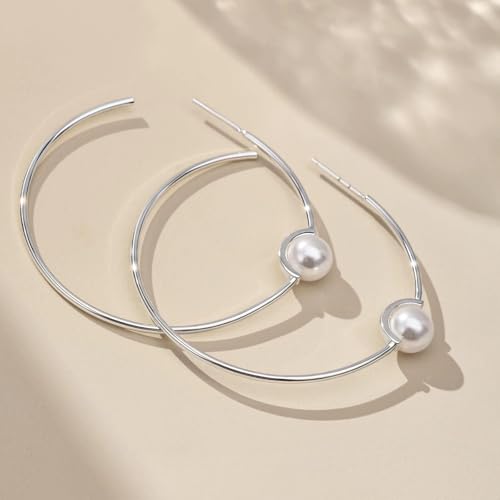 OwMell Large Hoop Earrings for Women 925 Sterling Silver Post 14K Gold Plated Big Hoops Earrings Trendy Pearl Cubic Zirconia Hoop Earrings - color: Pearl Silver