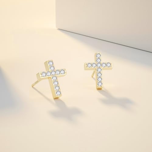 JIAYIQI Minimalist 925 Sterling Silver Stud Earrings Set, 14K Gold Plated Hypoallergenic Tiny Bar Dot Heart Star Studs for Women & Men - style: Gold-Cross-1 Pair