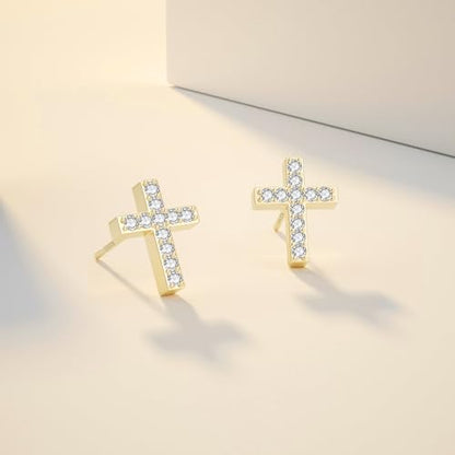 JIAYIQI Minimalist 925 Sterling Silver Stud Earrings Set, 14K Gold Plated Hypoallergenic Tiny Bar Dot Heart Star Studs for Women & Men - style: Gold-Cross-1 Pair