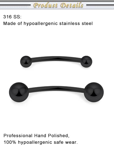 Snake Eyes Piercing Jewelry Tongue Surgical Steel Frog Eyes Tongue Rings 16G 14G Eyebrow Piercing Curbed Barbell Vertical Labret Lip Jewelry Bridge Piercings for Women Men 10mm/12mm/14mm/16mm - color: 16g,black