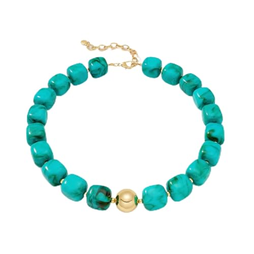 Chunky Beaded Necklace for Women Boho Statement Bead Necklace Adjustable Choker with Polished Disc/Square Beads Trendy Summer Beach Jewelry Gifts - color: Turquoise