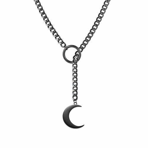 Slip Chain Choker for Women Handmade Black Stainless Steel Cuban Chain Chunky Moon Bat Raven Skull Pendant Gothic Punk Rock Collar Adjustable Lariat Y Necklace for Men - style: Moon