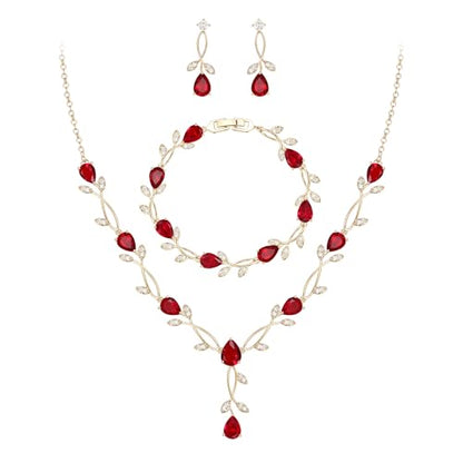 EVER FAITH Cubic Zirconia Pearl Leaf Bridal Jewelry Set for Bride Women | White Wedding Prom Necklace Dangle Earrings Bracelet, for Bridesmaid - color: CZ_Red Gold-Plated-Brass