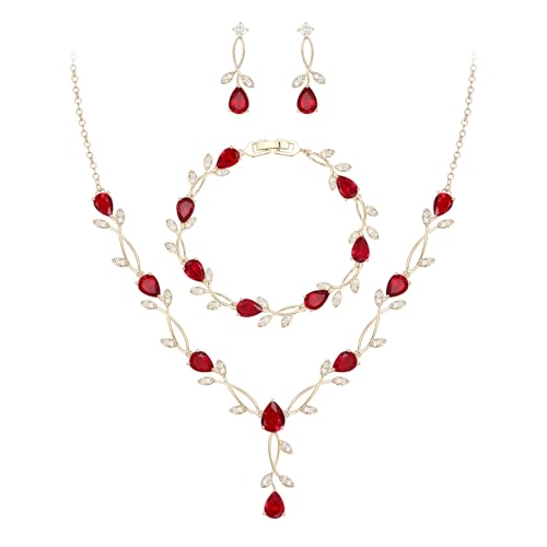 EVER FAITH Cubic Zirconia Pearl Leaf Bridal Jewelry Set for Bride Women | White Wedding Prom Necklace Dangle Earrings Bracelet, for Bridesmaid - color: CZ_Red Gold-Plated-Brass