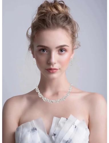 QLLYHLH Woman’s Brides Bridesmaid Leaf Choker Necklace Dangle Earrings Link Bracelet Austrian Crystal Wedding Jewelry Set Prom Costume Party Events | Brides, Bridesmaid, Prom, Events, Costume Party, Leaf - color: White-Platinum Plated