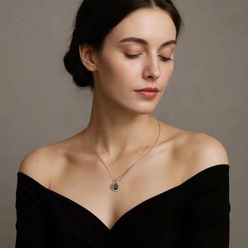 Teardrop Pendant Necklace for Women - Sterling Silver Birthstone Crystal Necklace Gift - color: Emerald