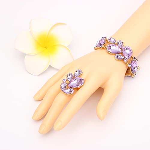 Women's Wedding Bridal Austrian Crystal Glass Teardrop Statement Necklace Dangle Earrings Bracelet Ring Wedding Party Jewelry Set for Bridal Bridesmaid - color: Violet-Gold Plated