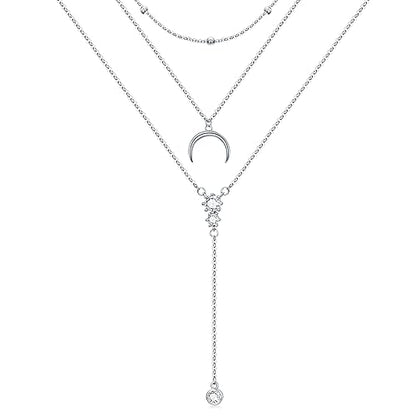 MONGAS Boho Layered Necklace Sterling Silver Triple 3 Stacked Vertical Bar Triangle Long Layering Necklaces Christmas Jewelry Gifts for Women - style: Moon