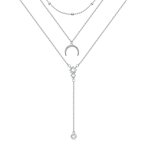 MONGAS Boho Layered Necklace Sterling Silver Triple 3 Stacked Vertical Bar Triangle Long Layering Necklaces Christmas Jewelry Gifts for Women - style: Moon