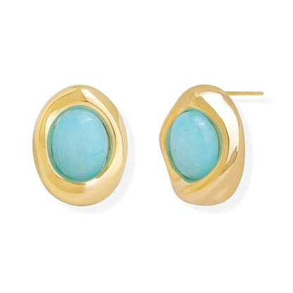 Jean Beau Chunky Gold Stone Stud Earrings for Women, Trendy Natural Gemstone Hypoallergenic Earing Valentine Jewelry Gift - color: Amazonite Blue