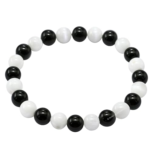 Amazing Gemstone Black Tourmaline Selenite Crystal Bracelet for Women Men's Gifts - Protection Healing Crystal Bracelet - 8mm Gemstone Beaded Stretchable Bracelet Pulseras Para Hombres Mujer Stocking Stuffers Mothers Day Gift - color: Black Tourmaline Sel