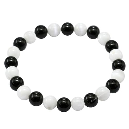 Amazing Gemstone Black Tourmaline Selenite Crystal Bracelet for Women Men's Gifts - Protection Healing Crystal Bracelet - 8mm Gemstone Beaded Stretchable Bracelet Pulseras Para Hombres Mujer Stocking Stuffers Mothers Day Gift - color: Black Tourmaline Sel