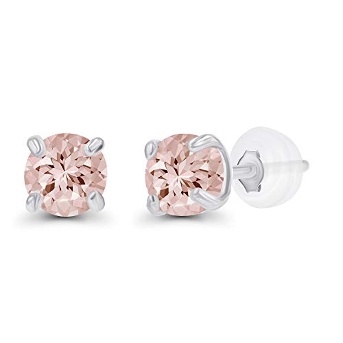 Solid 14K Gold 3mm Round Prong Set Hypoallergenic Genuine Petite Birthstone Stud Earrings - color: Morganite
