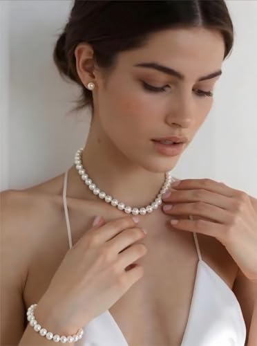 8mm Faux Pearl Necklace Set, Bracelet Earrings for Women & Girls | Glass Material, Handmade Jewelry Detail, Party & Formal Event Style - style: White 16 inches