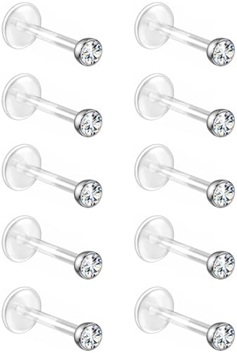 Bioflex Labret Plastic Lip Piercing Jewelry for Monroe, Medusa, Ashley and Cartilage Piercings, Tragus, Conch, Helix, Daith - 16g Clear Post Studs with Push-In CZ Crystals - color: Clear, size: 7mm