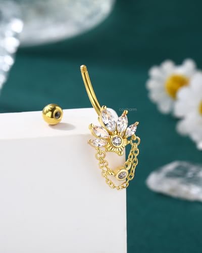 COCHARM 14G Lotus Belly Button Rings Dangle Belly Navel Rings for Women Surgical Steel Navel Piercing jewelry - color: YG-10MM