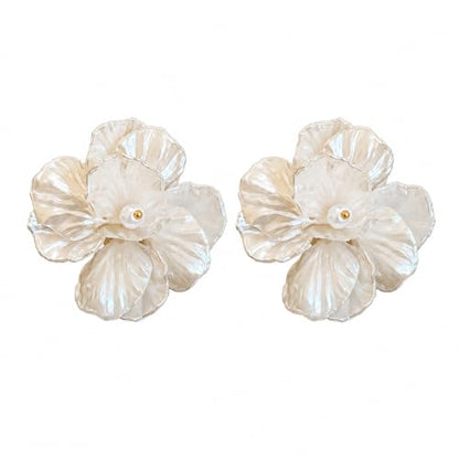 Pearl Hoop Dangle Earrings for Women, White Petal Statement Earrings, Floral Drop Earrings, Lightweight Elegant Wedding Vacation Party Jewelry - color: A0028-style C