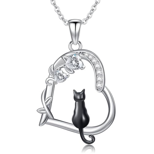 Heart Animal Necklace 925 Sterling Silver Cute Animal Pendant Jewelry Birthday Gifts for Women Girlfriend Mom Animal Lovers - style: 1-1 Black Cat
