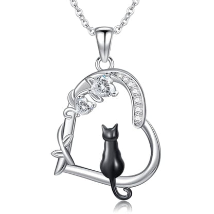 Heart Animal Necklace 925 Sterling Silver Cute Animal Pendant Jewelry Birthday Gifts for Women Girlfriend Mom Animal Lovers - style: 1-1 Black Cat