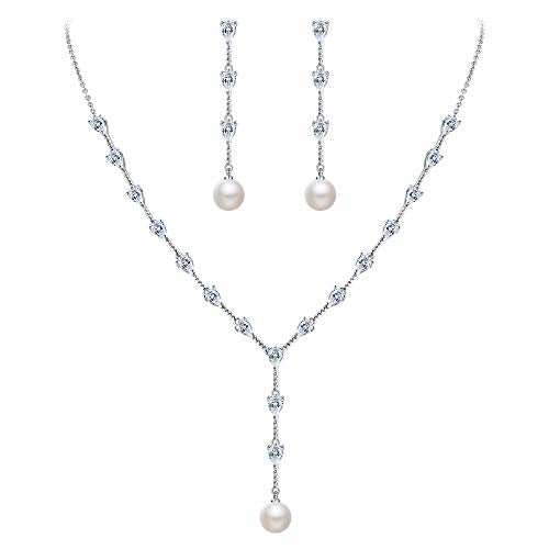 EleQueen Women's Simulated Pearl Wedding Jewelry Set for Brides | Cubic Zirconia Necklace Earrings Bracelet Set for Brides Bridesmaids, Bridal Jewelry Set for Anniversary/Memorial Day - style: Art Deco