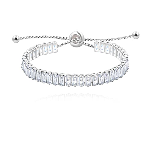 Uloveido Classic Emerald Cut Rectangular Cubic Zirconia Eternity Tennis Bracelet Adjustable for Women Y1788 - color: Platinum-white