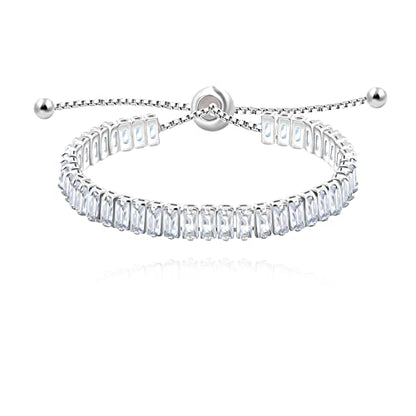 Uloveido Classic Emerald Cut Rectangular Cubic Zirconia Eternity Tennis Bracelet Adjustable for Women Y1788 - color: Platinum-white