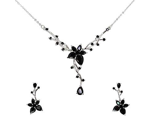 Faship Gorgeous CZ Crystal Floral Necklace Earrings Set - color: Black