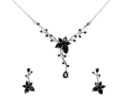 Faship Gorgeous CZ Crystal Floral Necklace Earrings Set - color: Black