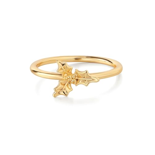 Birth Flower Stacking Ring for Women | 14K Gold Plated Brass, 12 Engraved Floral Motifs, Slim Stack-Ready Band, Available in US Sizes 5-9 - style: Dec.-Holly