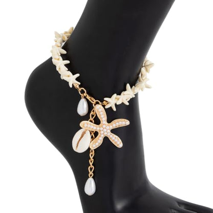 Gold Starfish Shell Pearl Charm Ankle Bracelet Summer Beach Foot Jewelry - color: White