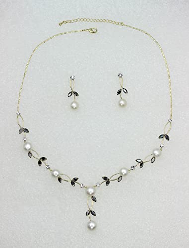 Faship Genuine Freshwater Pearls Floral Necklace Earrings Set | Premium CZ Crystal, Gorgeous, Sparkling - color: Black / Gold Plated
