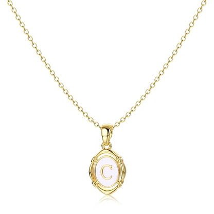 14K Gold Plated Initial Necklaces for Women, Letter Charm Pendant Necklace | Dainty Oval White Enamel Personalized Name Necklace, Trendy Jewelry with 16 inches Chain and 2 inches Extender - color: C