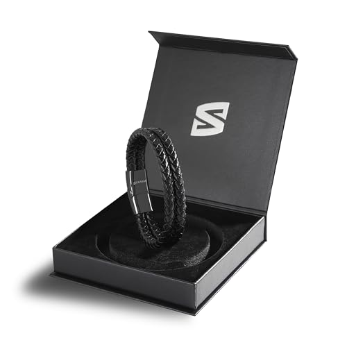 SERASAR Premium Leather Bracelet Men | Stainless Steel Magnetic Clasp | Three Colors | Jewelry Box Included - color: Black, size: 23cm, style: Double