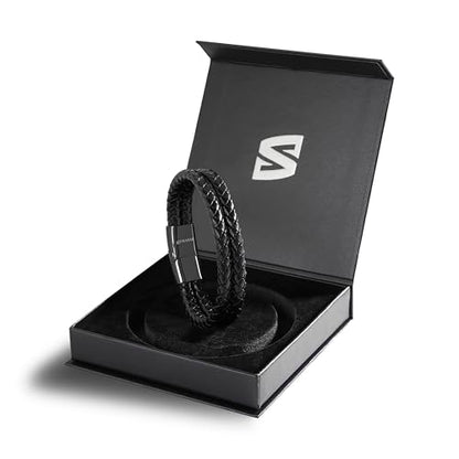 SERASAR Premium Leather Bracelet Men | Stainless Steel Magnetic Clasp | Three Colors | Jewelry Box Included - color: Black, size: 17cm, style: Double